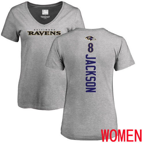 Baltimore Ravens Ash Women Lamar Jackson Backer V-Neck NFL Football #8 T Shirt->women nfl jersey->Women Jersey